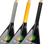 Three lightweight carbon fiber paddle blades feature ZJ SPORTs antiskid grip wrap in dragon scale pattern, available in gray, yellow, and black. Each blade has a vibrant leaf design and the Z&J SPORT text in white.