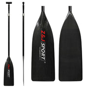 Three views of the ZJ Full Carbon Fiber Flatwater Canoe Paddle (Unassembled) branded ZJ SPORT are shown, including the full paddle with handle, its reverse side, and a blade close-up, ideal for flatwater adventures.