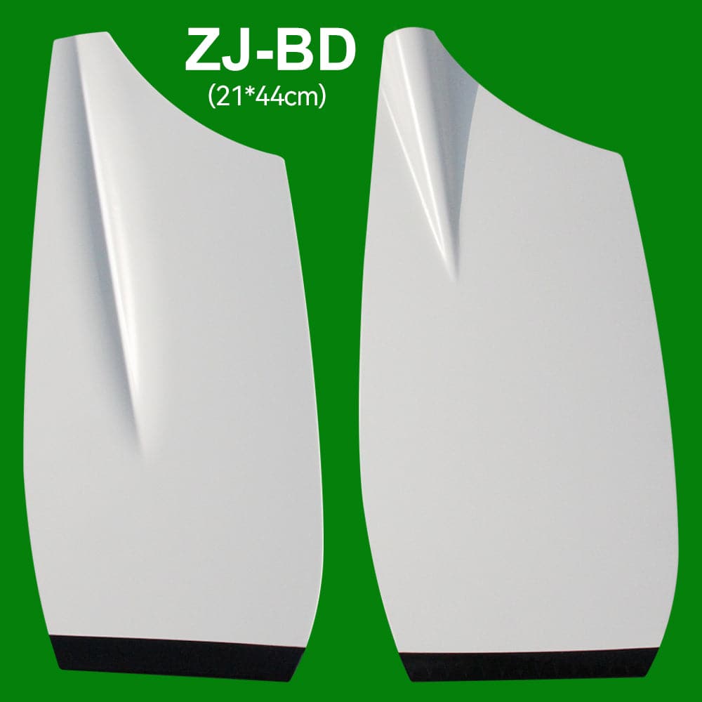 Two white ZJ SPORT sculling oar blades with smooth curves are set on a green background. Each blade measures 21x44 cm, features a slight ridge, and the label ZJ-BD is written above in white text.