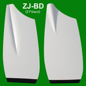 Two white ZJ SPORT sculling oar blades with smooth curves are set on a green background. Each blade measures 21x44 cm, features a slight ridge, and the label ZJ-BD is written above in white text.
