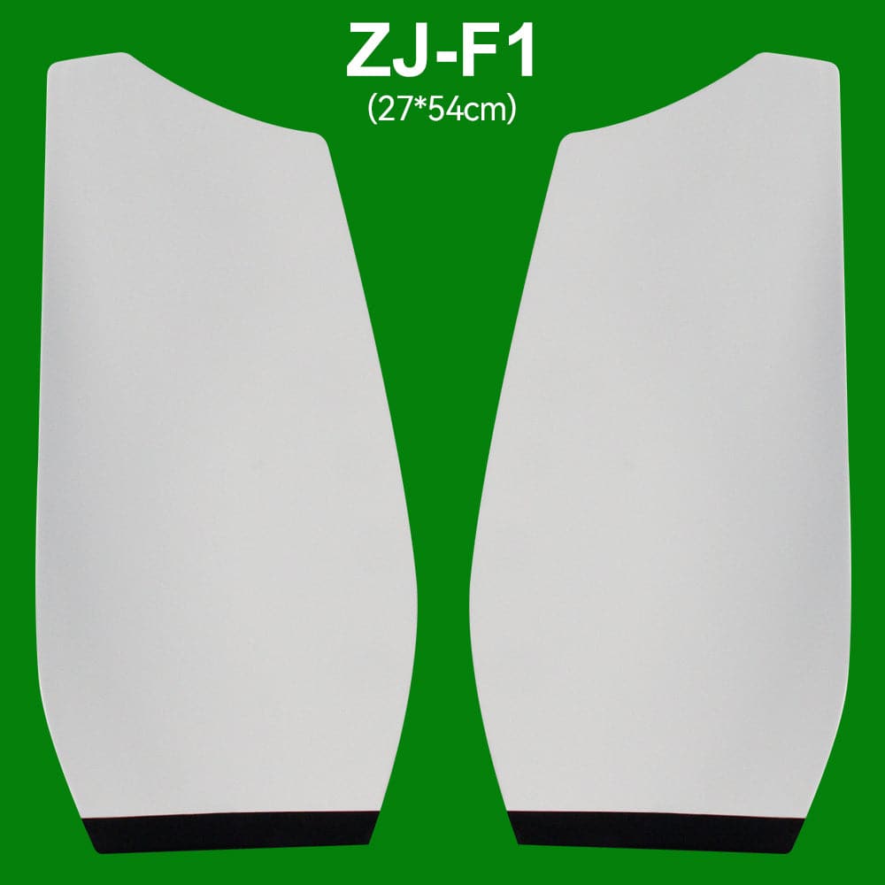Two white, curved rectangular objects with black edges are shown on a green background. Text above reads ZJ Blade For Sweep Oars (27*54cm) by ZJ SPORT.