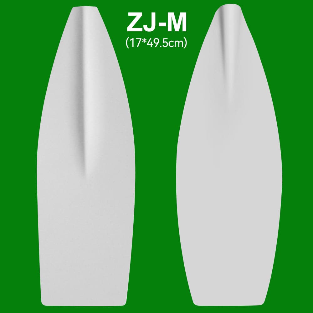 A green background features two white, elongated fin-like shapes: one with a ridge and one smooth. Text above them reads ZJ-M (17x49.5cm). These are the ZJ Blade For Sculling Oars by ZJ SPORT.