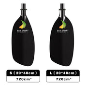 Two black kayak paddles by ZJ SPORT are displayed. The durable carbon left paddle, size S (20x48cm), has an area of 720cm², while the right one is size L with a 728cm² area. Both feature a green and orange logo.