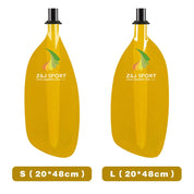 The ZJ SPORT Blade for Whitewater Paddle set includes two yellow blades with black handles, designed with fiberglass for durability. The left blade is size S (20*48cm) and the right is size L (20*48cm), both sharing a similar shape for your aquatic adventures.