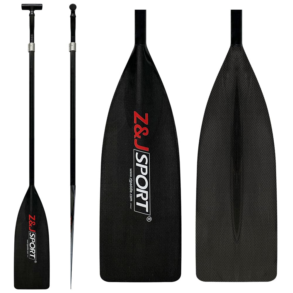 Three views of the ZJ Full Carbon Fiber Flatwater Canoe Paddle by ZJ SPORT, featuring bold red and white branding. The first shows the paddle upright, the second highlights its blade, and the third presents its front profile, ideal for those wanting an adjustable flatwater canoe paddle.