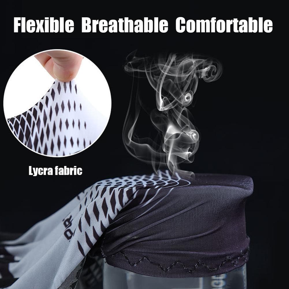 A close-up shows a hand stretching black and white Lycra from the Z&J SPORT UV Protection Fingerless Gloves by zijie, highlighting flexibility. Steam rises from the fabric over a bottle to demonstrate breathability. Ideal for durable outdoor sports gloves, it reads Flexible Breathable Comfortable.