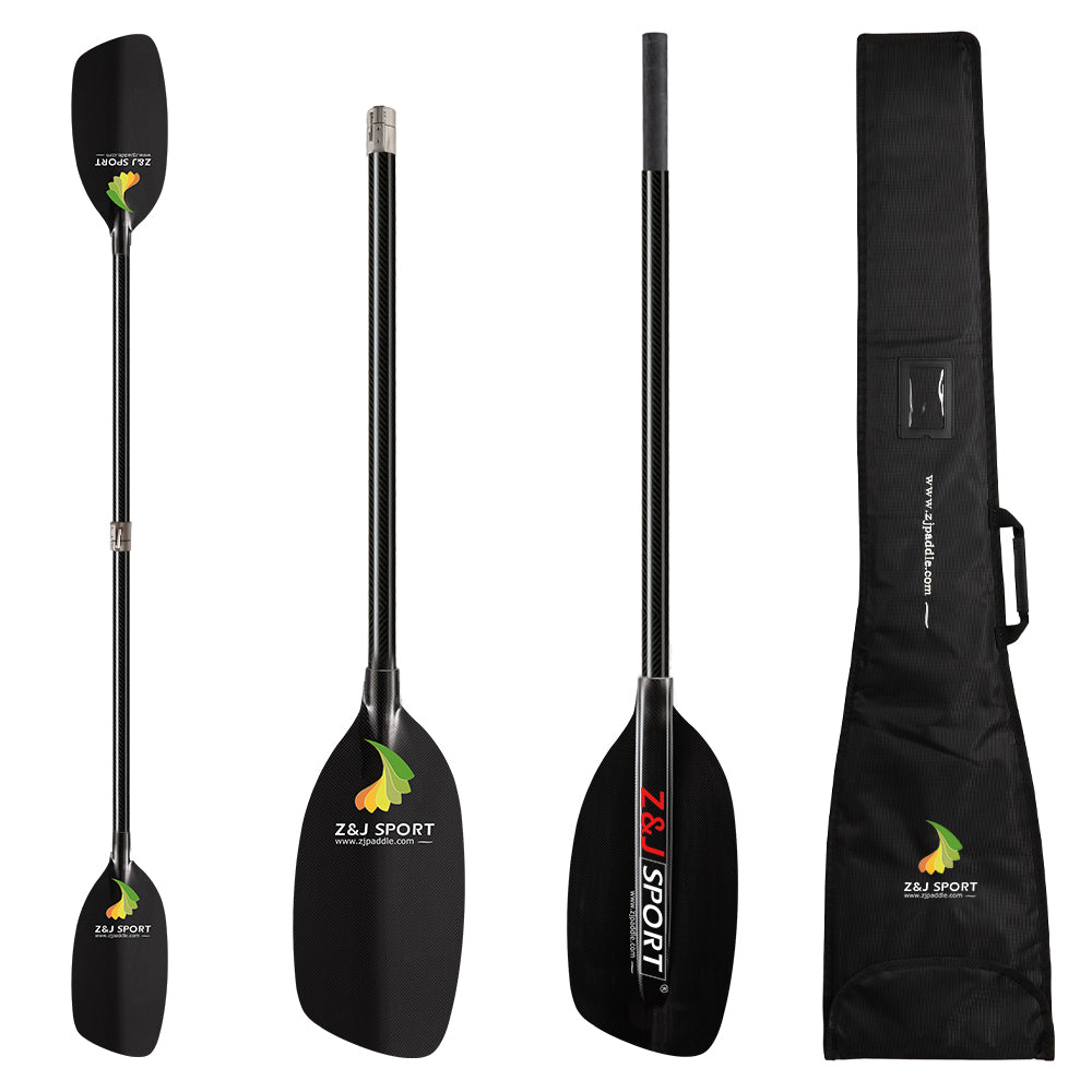 A kayaking paddle disassembled into four parts with black shafts and blades, each marked Z&J SPORT. Accompanied by a black carrying case on the right.