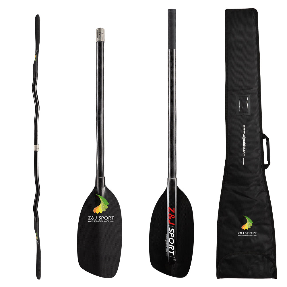 Four views of a black carbon fiber paddle with green logo. Includes a wavy shaft, two detailed blade views with Z&J Sport, and a matching black zippered bag for storage.