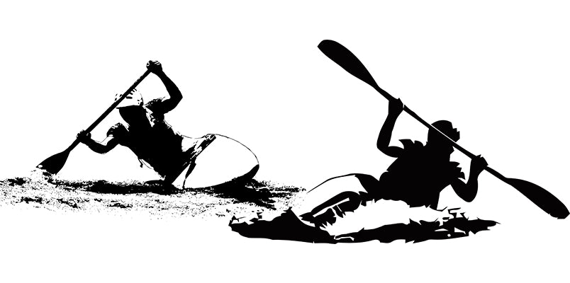 Silhouette of two kayakers paddling vigorously against a white background, with one slightly ahead and dipping the paddle into the water.