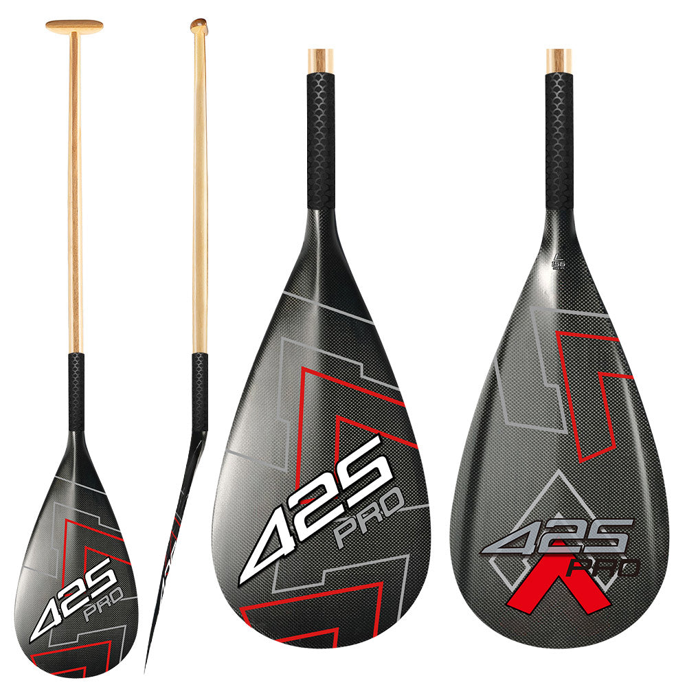 A composite image of the ZJ SPORT 425Pro Hybrid Carbon Outrigger Canoe Paddle features a sleek black and gold design with red geometric patterns. It showcases its ergonomic anti-skid grip and broad blade, highlighted from two angles for water sports enthusiasts.
