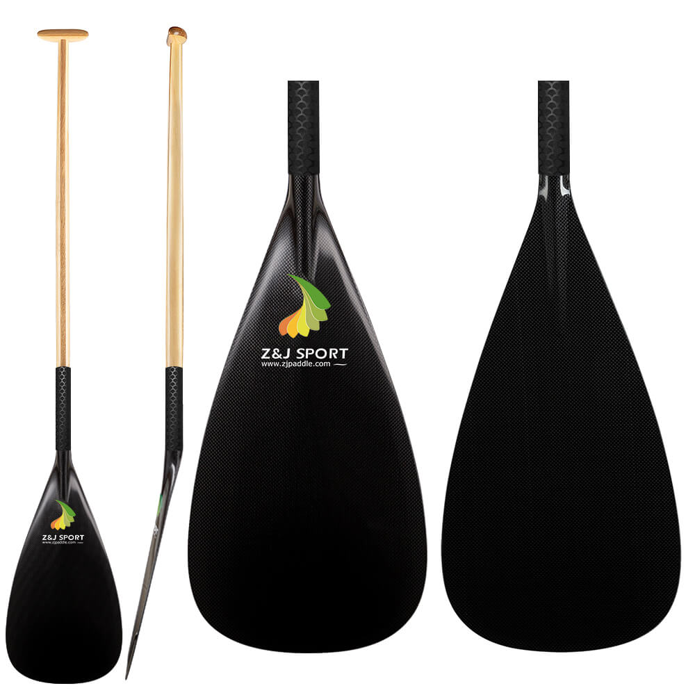 Three views of the ZJ Hybrid Outrigger Canoe Paddle by ZJ SPORT, featuring a sleek carbon blade with a logo and a handcrafted black wood shaft. Ideal for waka ama enthusiasts: front, angled side, and full blade views are shown. Includes anti-skid grip for better handling.