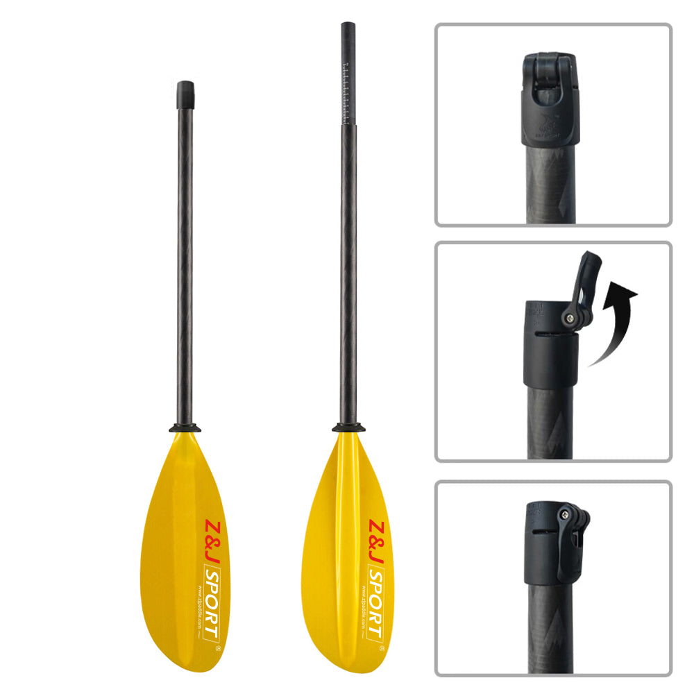 Two yellow ZJ SPORT oars are shown with black handles and a translucent fiberglass SKD-II blade, featuring insets of the adjustable locking mechanism, ideal for your sea kayak adventure.