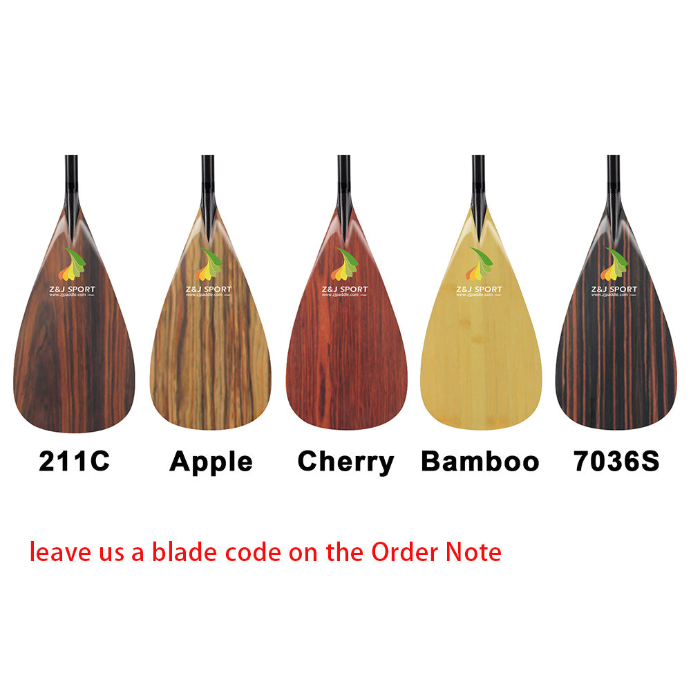 The ZJ SPORT Full Carbon Outrigger Canoe VAA Paddle features vertical wooden veneer blades in patterns 211C, Apple, Cherry, Bamboo, and 7036S. Designed for waka ama paddle enthusiasts. Please include a blade code in the Order Note when purchasing.