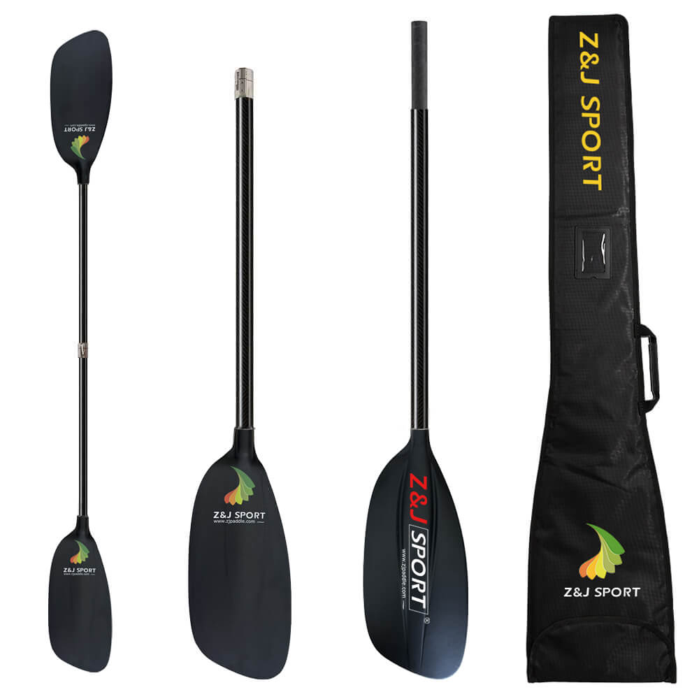 The ZJ SPORT logo adorns four black carbon fiber kayak paddles: a full-length paddle, two single blade views, and a dismantled version. The scene also features a black carrying case with the same branding on the right.