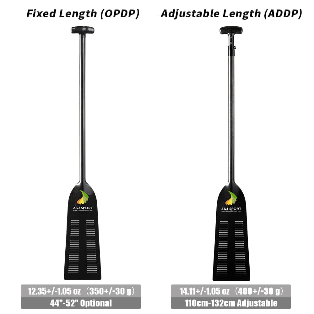 The image shows two black paddles: a fixed-length OPDP paddle (44-52) on the left and a ZJ SPORT High Performance Carbon Dragon Boat Paddle with adjustable length (110cm-132cm), weight markings, and reinforced edges on the right.