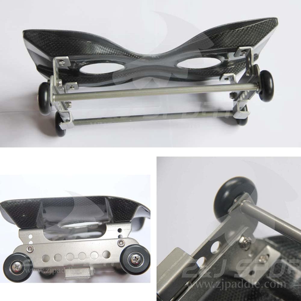 Collage of three images featuring the ZJ High Quality Height Adjustable Carbon Fiber Complete Sliding Carbon Seat. The top image highlights its carbon fiber texture akin to elite rowing shells, while the bottom images showcase wheels and metal frame. Website text is discreetly visible on each image.