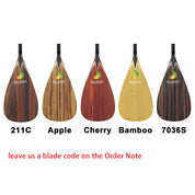 Five paddle blades, ideal for waka ama enthusiasts, come in a spectrum of wood colors and are labeled as 211C, Apple, Cherry, Bamboo, and 7036S. Customers are advised to include the blade code in the order note when purchasing the ZJ SPORT Hybrid Outrigger Canoe VAA Paddle with wooden veneer and anti-skid grip.