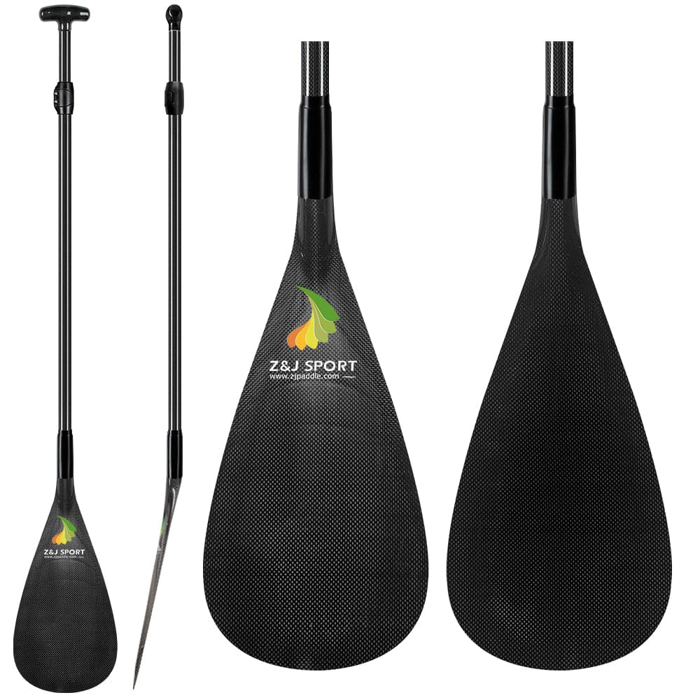 The ZJ SPORT Adjustable Carbon Outrigger Canoe Paddle With C-SM Carbon Blade for kids, featuring a logo with green, yellow, and orange leaves and Z&J SPORT plus www.zjcarbon.com, showcases three black carbon fiber paddles with adjustable length shafts in front, side, and disassembled views.