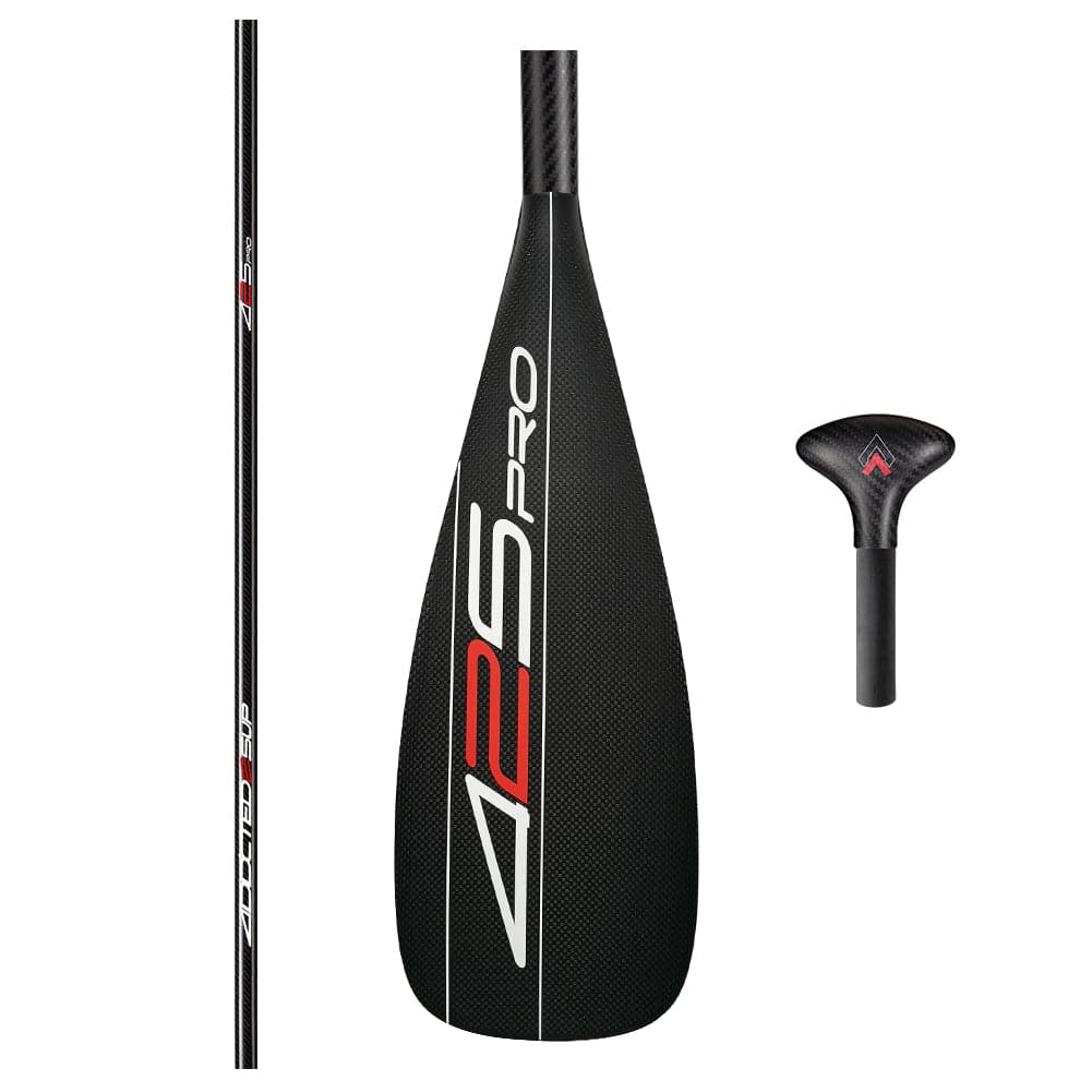 Close-up of a ZJ SPORT 425Pro paddle with 425 Pro in white and red, showcasing the blade, T-shaped handle, and thin high modulus carbon tapered shaft. Made from lightweight carbon for high-performance water sports.