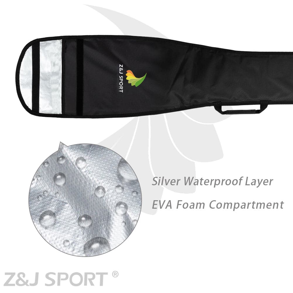 ZJ SPORTs Black ZJ New Single Paddle Bag has a handle and clear front pocket, plus a close-up insert shows the silver waterproof layer with droplets. Text: Silver Waterproof Layer, EVA Foam Compartment. The logo is an abstract shape, ideal for kayak paddle protection. Free shipping included.