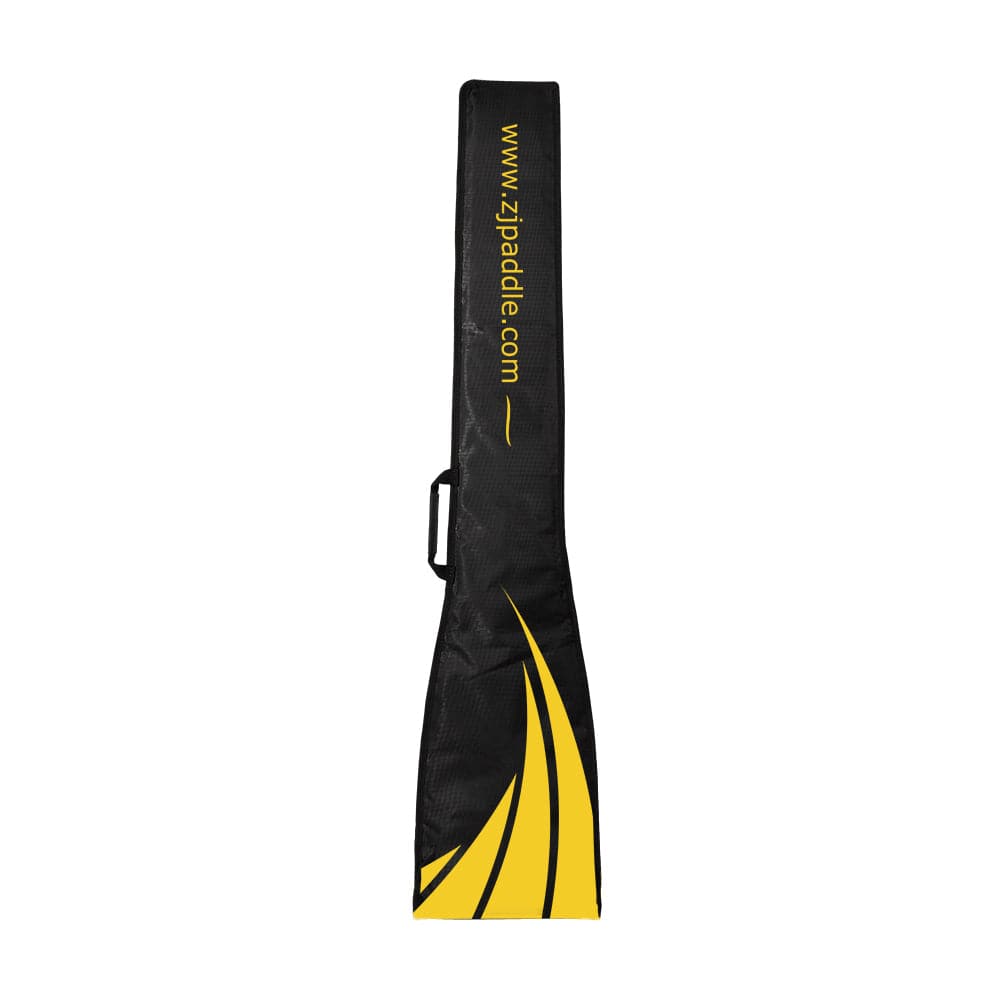 The ZJ SPORT black paddle cover with yellow accents and handle, featuring www.zipaddle.com in yellow text, provides a stylish waterproof layer to protect kayak paddles. Ideal for adding functionality while keeping your gear safe.