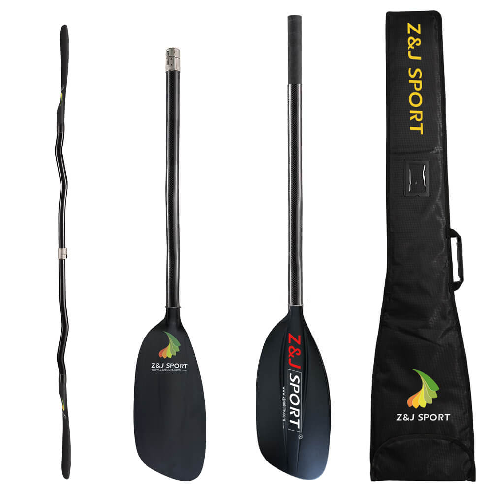 Three sections of a black kayak paddle with the ZJ SPORT logo are shown beside an assembled ZJ SG Carbon Whitewater Kayaking Paddle Cranked Shaft featuring a durable carbon fiber blade and a branded carrying bag.