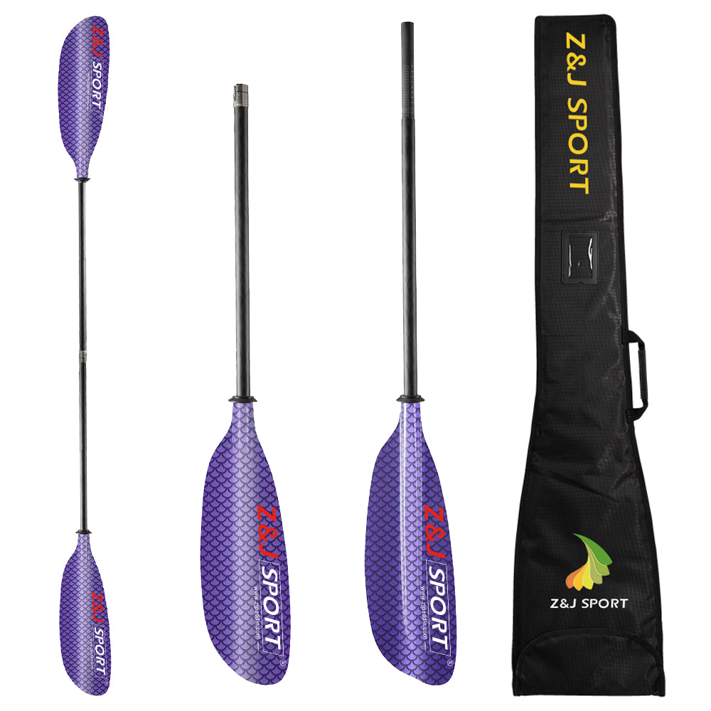 The ZJ SPORT purple sea kayak paddle, labeled Z&J SPORT, has a durable carbon fiber shaft and comes disassembled, split in half, or complete. It includes a black carrying bag with Z&J SPORT in yellow. The product is the ZJ Fiberglass Sea Kayak Paddle for Low-Angle Touring Blade (SKR-III).
