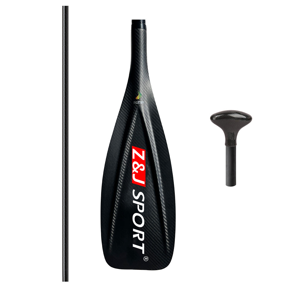 The ZJ SPORT Carbon Sup Paddle, available in fixed 1-piece, 2-piece, or 3-piece versions with Vibe Blade, features a glossy black carbon fiber construction with an ergonomic handle and adjustable length. The sleek design includes a white and red Z&J SPORT logo and a V-shaped rib for enhanced strength.