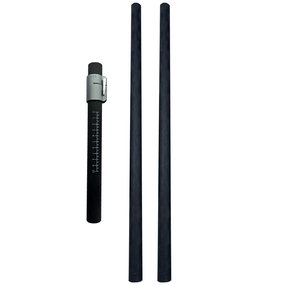 Round Shaft Replacement for Kayak Paddle includes three black carbon fiber parts: one with a silver clamp and measurement markings, and two textured rods. The first part resembles an adjustable component with an oval grip, ensuring durability and functionality.