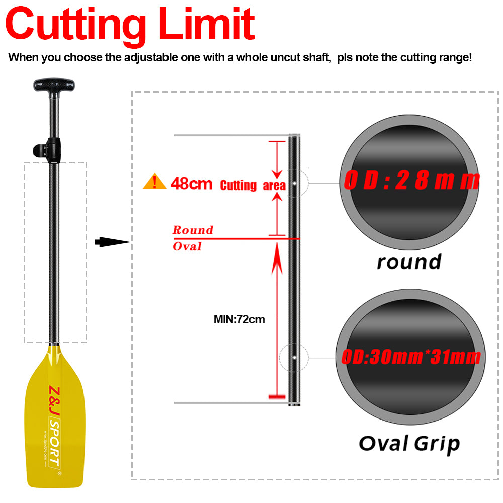 Illustration showing cutting limits for the ZJ Canoe whitewater rafting paddle with a translucent yellow fiberglass blade and red Z&J SPORT logo. Features a 48 cm cutting area, minimum length of 72 cm, prepreg carbon fiber shaft, and two grips: round (OD: 28 mm) and oval (OD: 30 x 31 mm).
