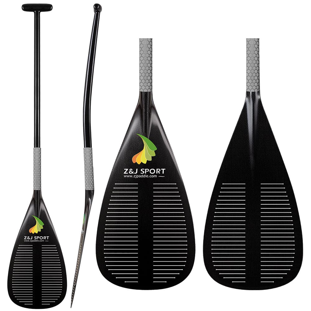 The ZJ High Performance Outrigger Canoe Paddle by ZJ SPORT showcases Patented Cut Technology, a textured grip, and a flame logo. Its wide flat blade features horizontal grooves for a progressive power curve, ensuring smooth glides on high-pressure water adventures.