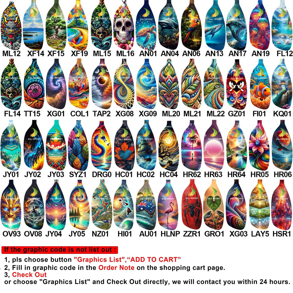 ZJ SPORTs vibrant showcase features surfboard-shaped objects with graphic designs, including abstract, skulls, flames, and nature themes. The ZJ Classic Full Carbon Whitewater Paddle with Cranked Shaft ensures durability. A text overlay guides ordering and selection from a numbered list of graphics.