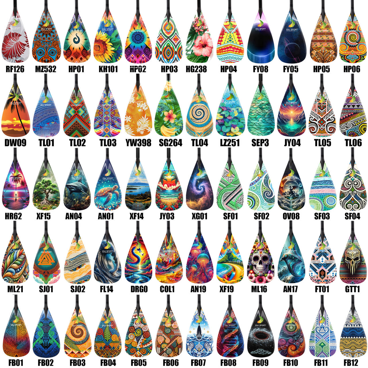 Displayed is the ZJ SPORT ZJ Full Carbon Outrigger Canoe VAA Paddle with vibrant blade graphics. Each paddle bears a unique code, reminiscent of teardrop-shaped guitar picks like waka ama paddles. Ordering instructions and customization options are at the bottom.