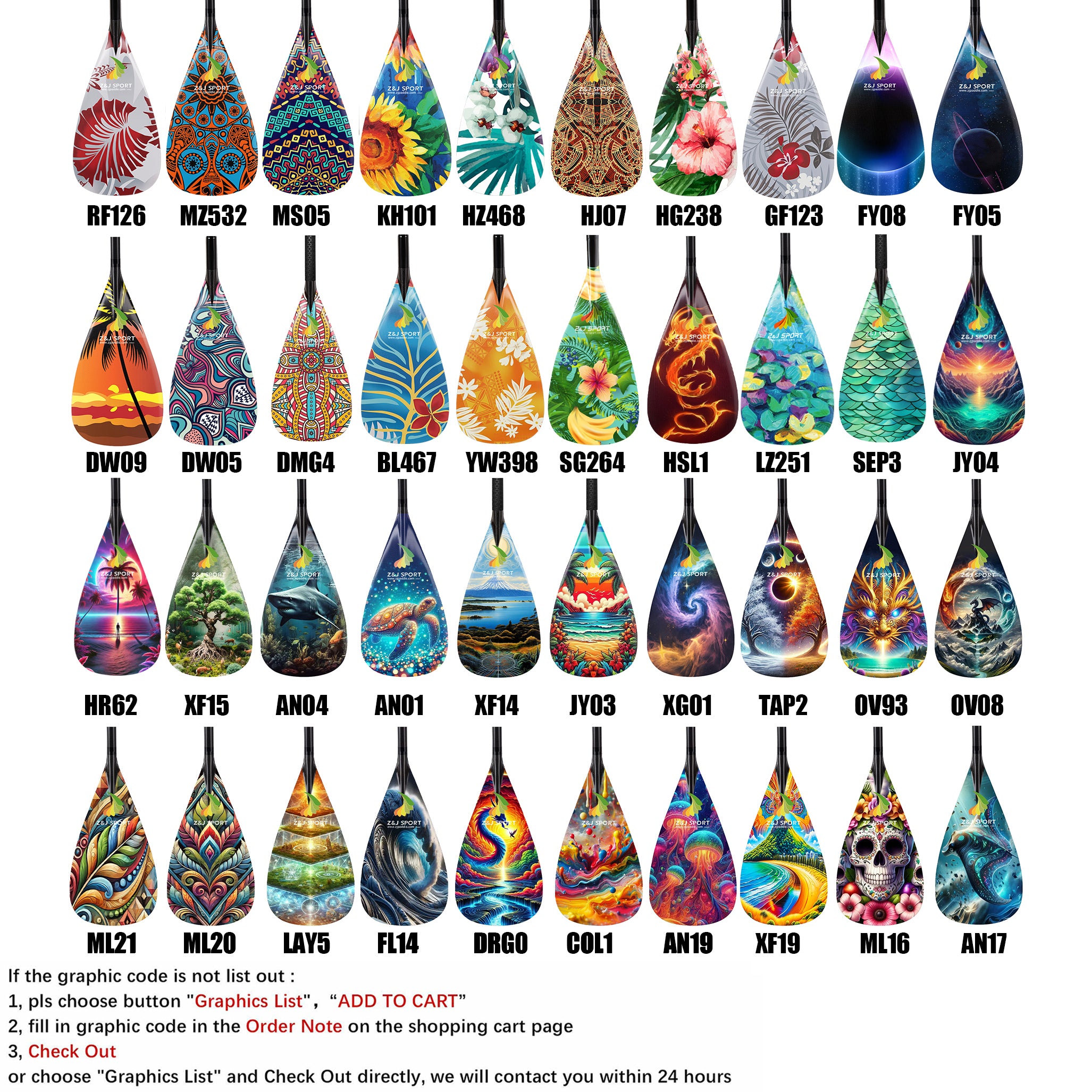 Displayed is the ZJ SPORT ZJ Full Carbon Outrigger Canoe VAA Paddle with vibrant blade graphics. Each paddle bears a unique code, reminiscent of teardrop-shaped guitar picks like waka ama paddles. Ordering instructions and customization options are at the bottom.