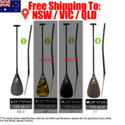 A comparison chart features ZJ SPORTs ZJ Wood, Hybrid, and Full Carbon Outrigger Canoe Paddles in various sizes (L sold out) with real photos showing minor flaws. Ships to NSW, VIC, QLD with an Australian flag icon.