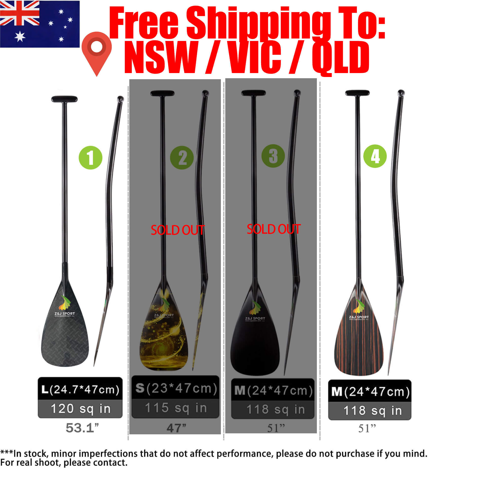 A comparison chart features ZJ SPORTs ZJ Wood, Hybrid, and Full Carbon Outrigger Canoe Paddles in various sizes (L sold out) with real photos showing minor flaws. Ships to NSW, VIC, QLD with an Australian flag icon.