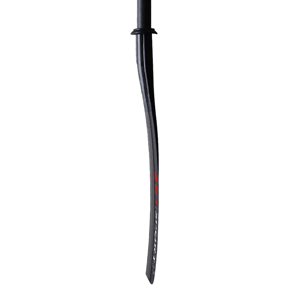 The ZJ SPORT SKR-III Paddle boasts an asymmetrical, slightly curved carbon fiber blade with a sleek reflective finish. Red and white markings embellish the base, while its handle stands out against a pure white background.