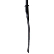The ZJ SPORT SKR-III Paddle boasts an asymmetrical, slightly curved carbon fiber blade with a sleek reflective finish. Red and white markings embellish the base, while its handle stands out against a pure white background.
