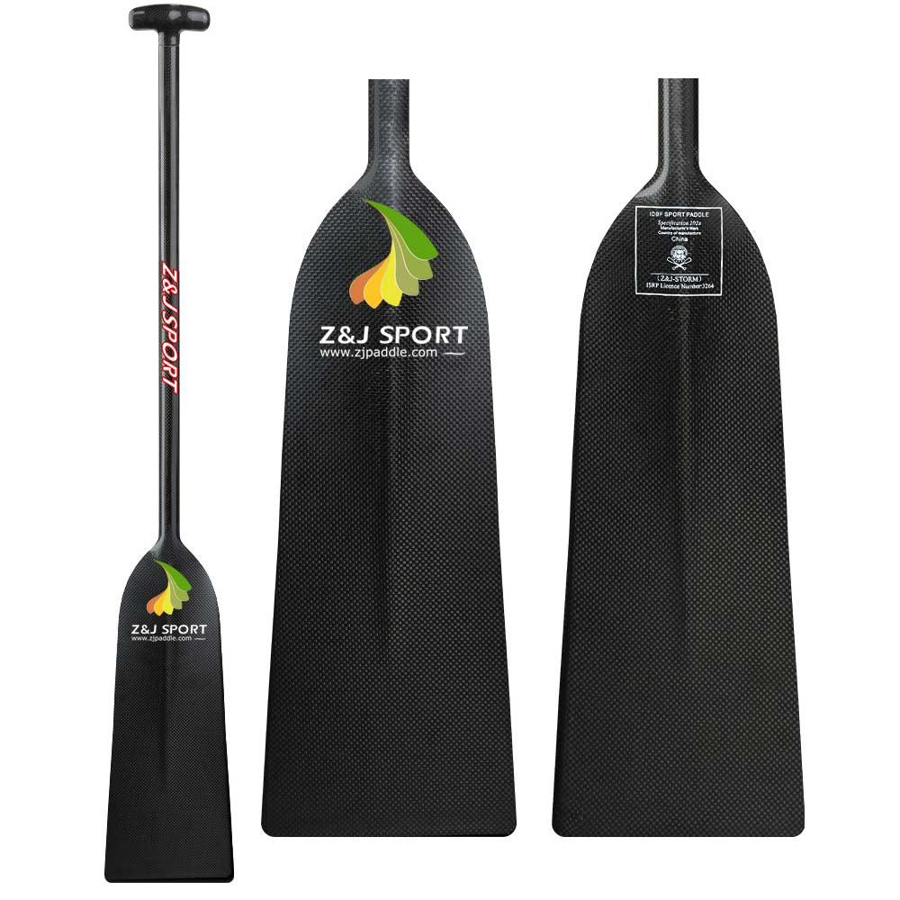 Three ZJ SPORT ZJ New Arrival IDBF Approved Carbon Fiber Matte Dragon Boat Paddles with large dihedral blades are displayed, featuring a textured surface and colorful leaf-like logos near the tops; one paddle has branding text along its shaft.