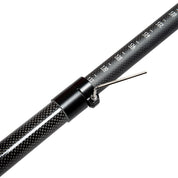Close-up of the black ZJ SPORT carbon fiber telescopic paddle, featuring a measurement scale from 12.2 to 13.1 and a metal adjustment clamp for precision length adjustments. Ideal for dragon boat enthusiasts, this ZJ Special Offer IDBF Approved Carbon Dragon Boat Paddle is both functional and adjustable.