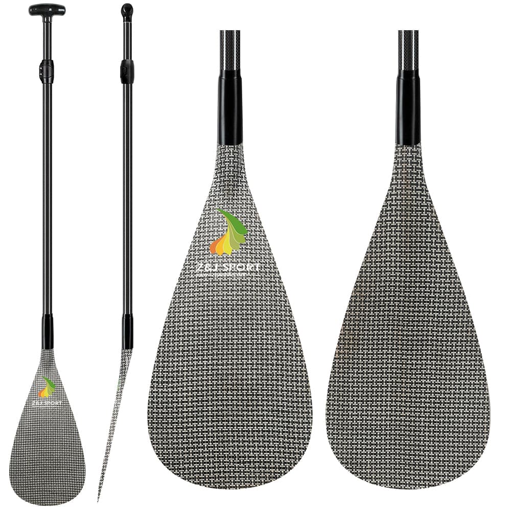 The ZJ SPORT ZJ Adjustable Carbon Outrigger Canoe Paddle for kids features a carbon fiber adjustable shaft and C-SM carbon blades with black and white textures. The blades display brand logos, and the waka ama paddle set is shown against a white background.