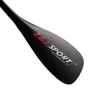 Close-up of the ZJ SPORT 3-Piece Carbon Adjustable SUP Paddle GUI Model, featuring a black blade with a red and white Z&J SPORT logo and website www.zjpaddle.com. It has a textured surface and an ergonomically designed handle for enhanced comfort and control.