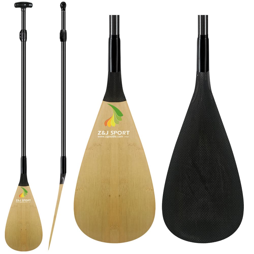 The ZJ SPORT ZJ Adjustable Carbon Outrigger Canoe Paddle for kids features a C-SM carbon blade and adjustable two-piece design. It showcases a colorful leaf logo, with views of the assembled paddle, components separately, and a detailed close-up of the blades texture.