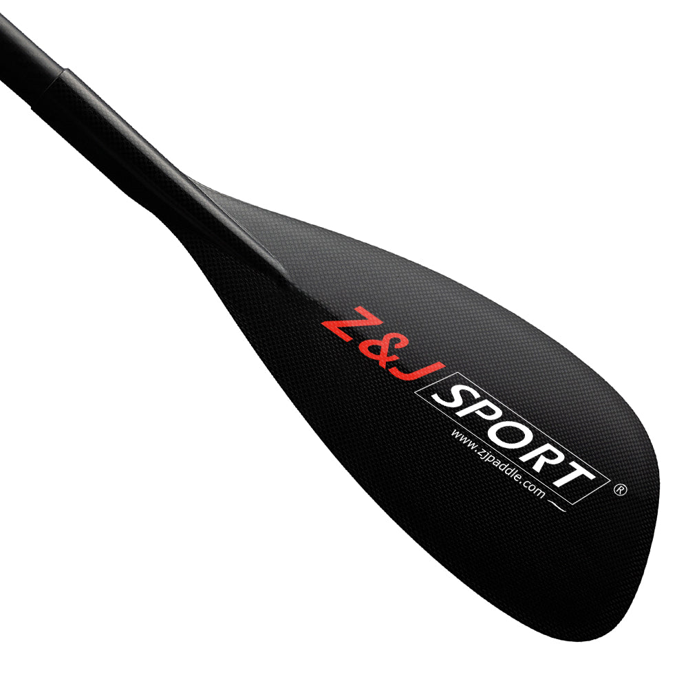A sleek black paddle adorned with ZJ SPORT in red and white, featuring a reinforced edge for durability. The ZJ 3-Piece Carbon Adjustable SUP Paddle All Water 85 Model showcases an angled carbon fiber blade for optimal design.