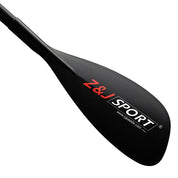A sleek black paddle adorned with ZJ SPORT in red and white, featuring a reinforced edge for durability. The ZJ 3-Piece Carbon Adjustable SUP Paddle All Water 85 Model showcases an angled carbon fiber blade for optimal design.