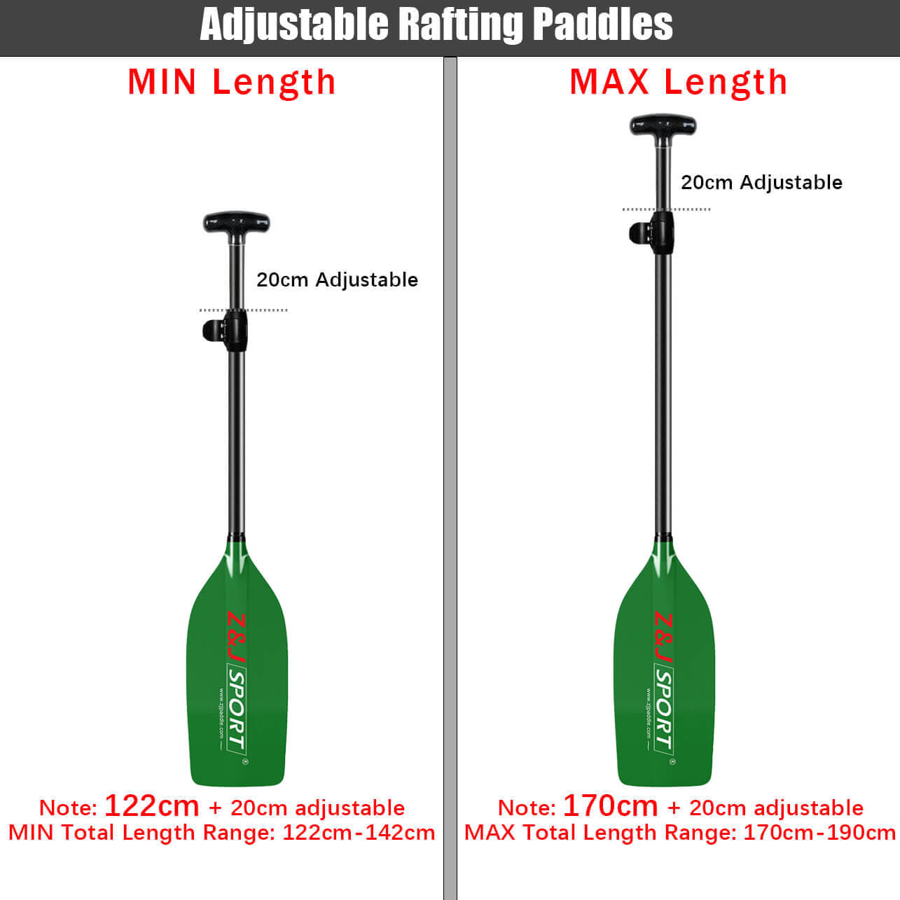 Image of two adjustable paddles by zijie with prepreg carbon fiber shafts: the left adjusts from 122cm to 142cm, and the right from 170cm to 190cm. Both feature a robust translucent fiberglass blade and have a 20cm adjustable section for optimal performance (ZJ Canoe Whitewater Rafting Paddle).