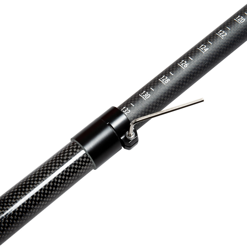 The ZJ SPORT ZJ New Arrival IDBF Approved Carbon Fiber Matte Dragon Boat Paddle (SWORD) features a telescopic pole with a metal pin lock and centimeter markings from 126 to 132. Its big dihedral blade enhances performance, and the paddle boasts a sleek black matte finish.