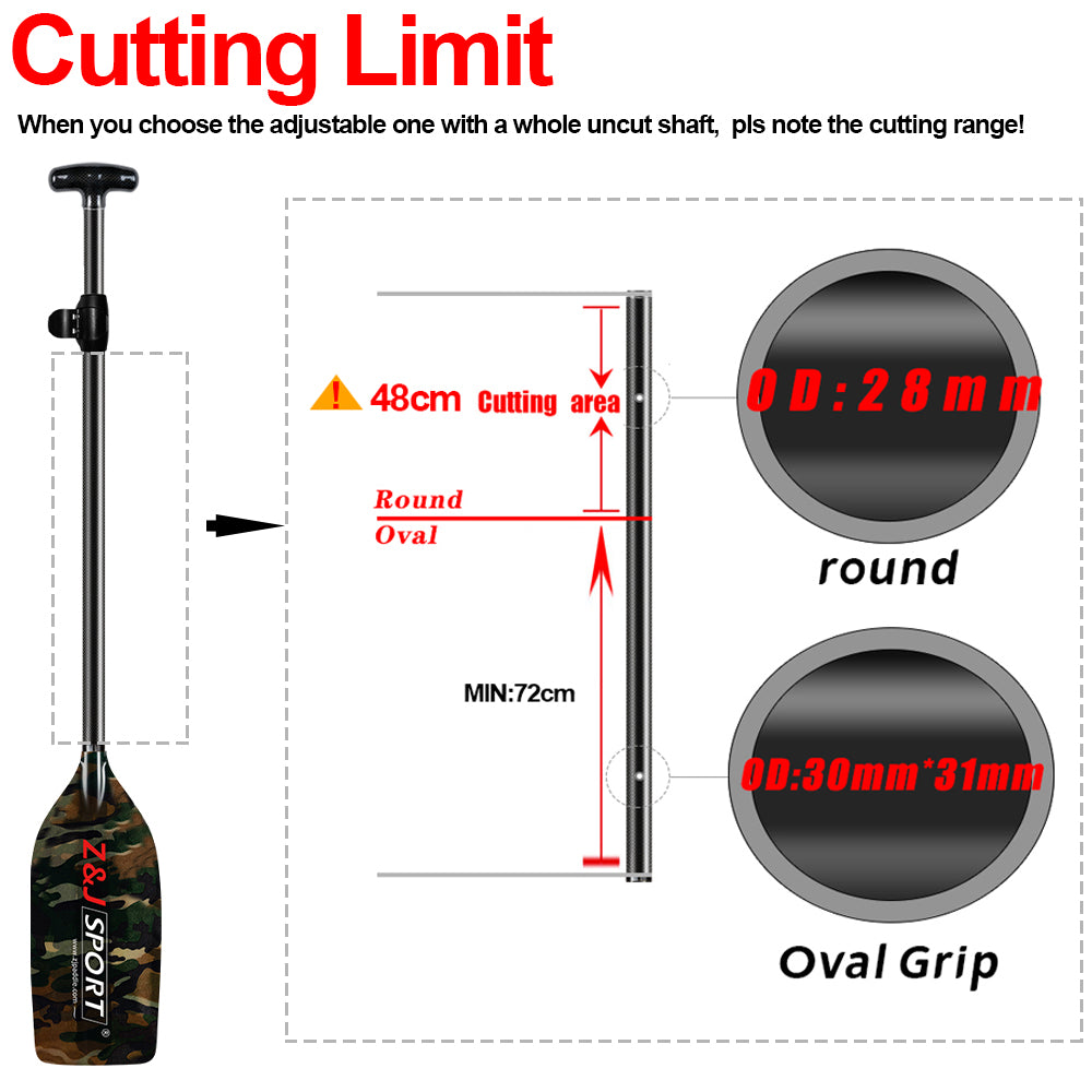 The ZJ Canoe Whitewater Rafting Paddle by zijie features a flexible prepreg carbon fiber shaft with a 48 cm cuttable area, a minimum length of 72 cm, and fiberglass blade. It offers customizable grips: round (28mm) and oval (30mm x 31mm) for optimized performance.
