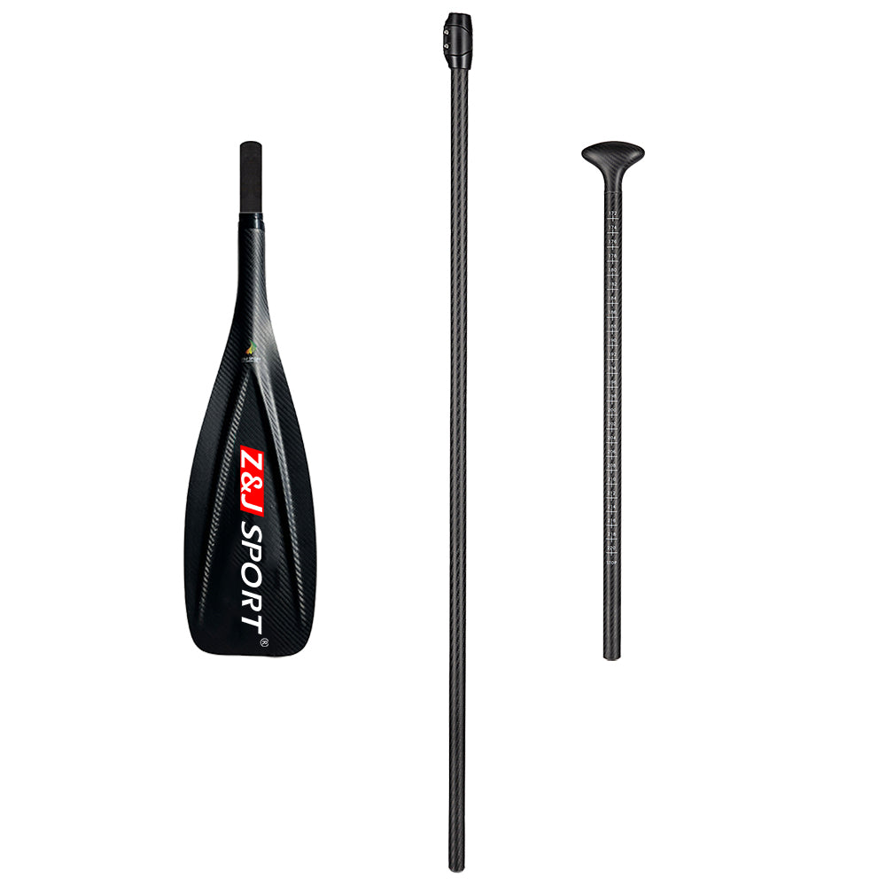 The ZJ SPORT ZJ fixed 3-piece Carbon Sup Paddle with Vibe Blade features a carbon fiber design. Its blade displays a red R＆L SPORT logo, and when assembled, it includes the black main shaft and handle with a textured carbon fiber look enhanced by a stabilizing V-shaped rib.
