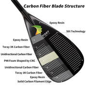 The ZJ SPORT High-Performance Outrigger Canoe Paddle features a carbon fiber blade with epoxy resin, Toray 3K and unidirectional carbon fibers, CNC-shaped PMI foam, slit technology, and solid carbon filament edge. It has a progressive power curve enhanced by Patented Cut Technology.